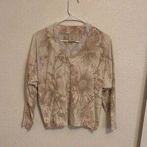 ViVI Beige Floral Lace-Trim Blouse